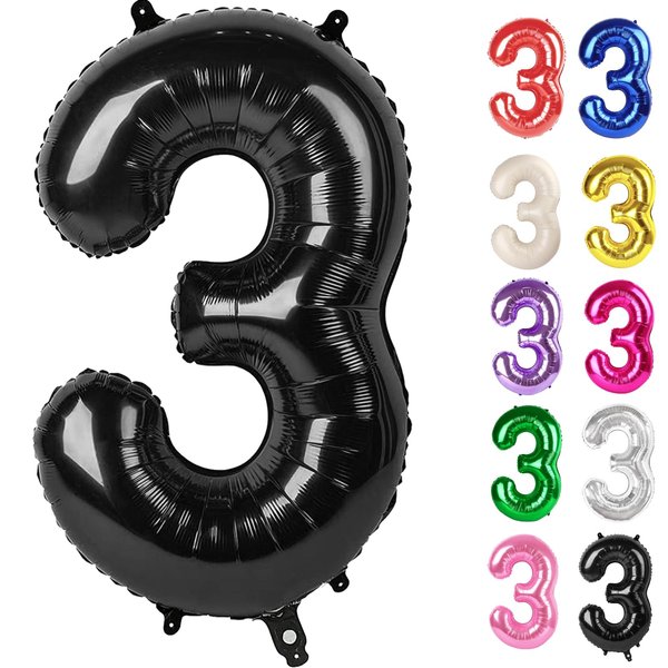 Black Number 3 Balloon 40 Inch, 3 Balloon Number, 3rd Birthday Decorations, Black Party Supplies for Boys Girls
