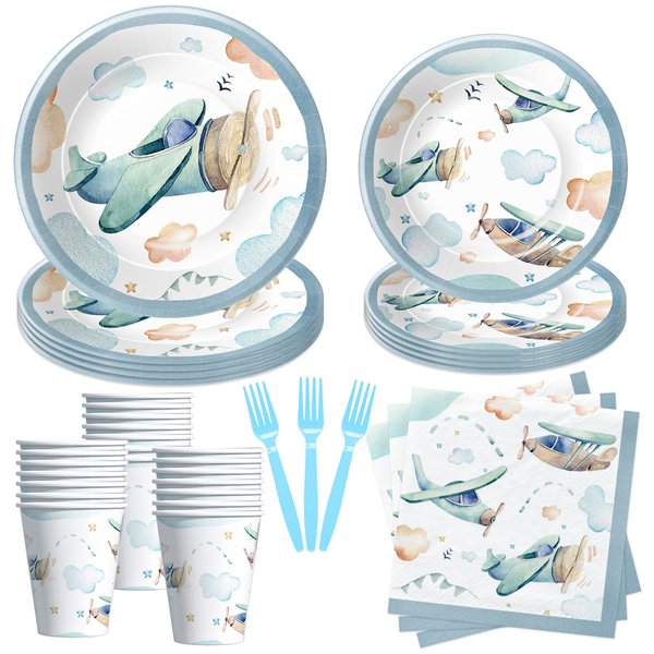 HIPVVILD Airplane Birthday Plates And Napkins Party Supplies - Airplane Party Decorations Tableware, Paper Plate, Cup, Napkin, Fork, Airplanes Birthday Baby Shower Decorations Dinnerware | Serve 24