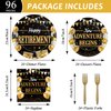gisgfim 96Pcs Retirement Party Plates and Napkins Set, Happy Retirement Decorations Retirement Party Supplies for Men Women, Gold and Black Party Disposable Tableware Dinnerware Kit, 24 Guests