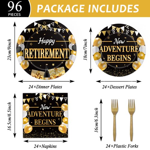 gisgfim 96Pcs Retirement Party Plates and Napkins Set, Happy Retirement Decorations Retirement Party Supplies for Men Women, Gold and Black Party Disposable Tableware Dinnerware Kit, 24 Guests