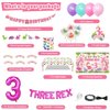 KOTLMIGHT Dinosaur Birthday Party Supplies for 3 Year Old Girl, Three Dino Rex Pink Dinosaur Party Decorations for Girls Baby - Backdrop, Banner, Toppers, Cupcakes Wrappers, Balloons and Tablecloth