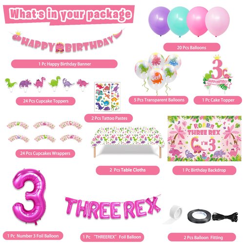 KOTLMIGHT Dinosaur Birthday Party Supplies for 3 Year Old Girl, Three Dino Rex Pink Dinosaur Party Decorations for Girls Baby - Backdrop, Banner, Toppers, Cupcakes Wrappers, Balloons and Tablecloth