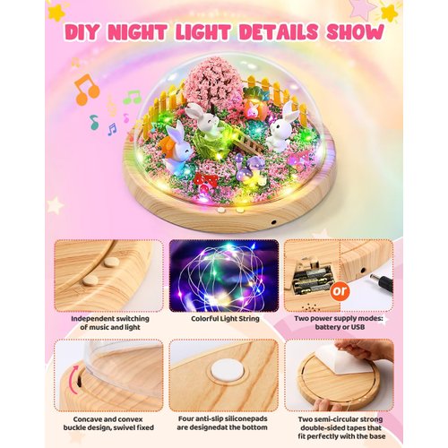 Bunny Toys for Girls , Make Your Own Rabbit Night Light with Music,Arts and Crafts for Kids,Gifts for 3-8 Year Old Girls,4 5 6 7 8 9 10 Year Old Girl Birthday Gifts,Ideal Christmas Gifts Best Toy