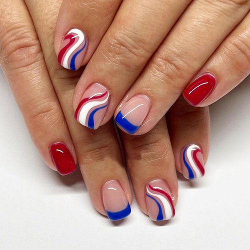 Independence Day Press on Nails，4th of July celebrate American Red Blue White Swirl Design Fake Nails,Patriotic French Tip False Nails for Women and Girls DIY Manicure Decorations 24 PCS