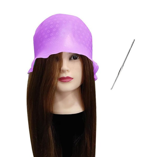 1 Pc Purple Reusable Silicone Hair Coloring Highlighting Cap, Hair Dyeing Cap for Hair with Hook for Hair Coloring Salon Hairdressing Tool