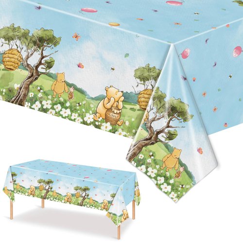 3PCS Blue Classic Winnie Baby Shower Tablecloths, Birthday Party Decorations Boys Birthday Disposable Plastic Tablecloths Party Supplies -54x108IN