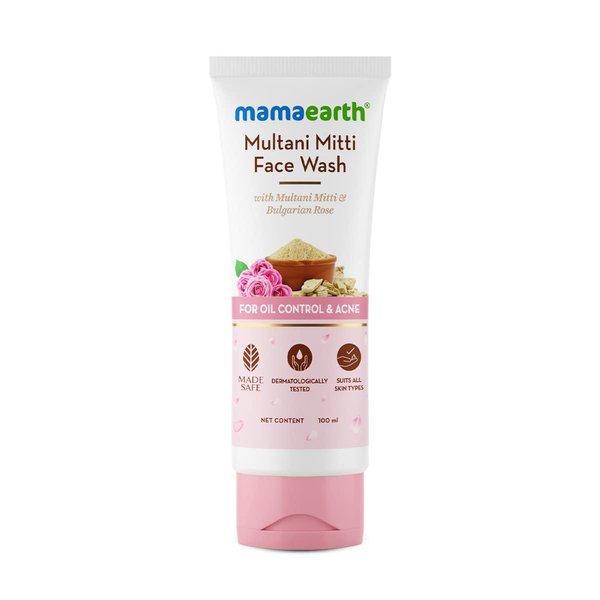 MAMAEARTH Multani Mitti Face Wash for Acne & Oil Control | Gently Cleanses Sebum & Reduces Acne | Non-Drying Formula | with Bulgarian Rose | 3.38 Fl Oz (100ml)