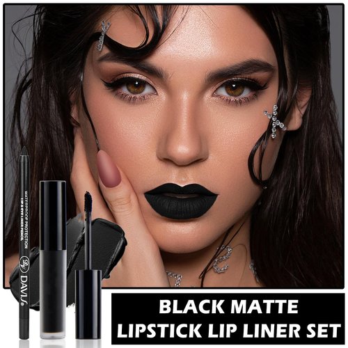 ZHISHUDL Matte Black Lipstick Lip Liner Set Black Liquid Lipstick Lip Tint Stain High Pigmented Black Lip Liner and Lip Gloss Set for Halloween Christmas Cosplay Goth Makeup