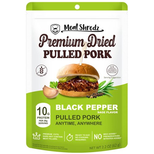 Meat Shredz - Premium Dried Pulled Pork (Black Pepper Sage, 1 Pack) | Gluten Free | High Protein & Low Sugar | Bacon Bits | Dehydrated Backpacking & Camping Food | Shredded, Dried Jerky Chew Snack