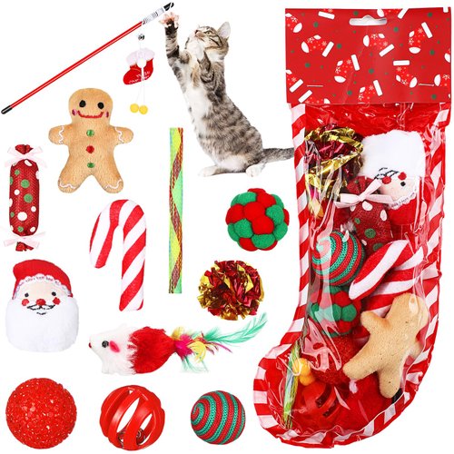 MiniInflat Christmas Cat Toys Stocking Set 12 Assorted Xmas Cat Toys Set with Squeaky Toys Balls Cat Teaser Fun Cat Toys Indoor Outdoor Interactivity Pet Kitten