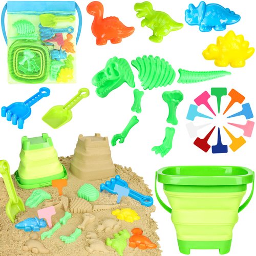 FUSPWEAO Beach Toys Sand Toys for Kids, Dinosaur Sand Toys with Collapsible Beach Bucket and Mesh Bag, Dinosaur Sand Molds, Shovel and Rake, Sandbox Toys for Toddlers, Travel Beach Toys for Kids 3-10