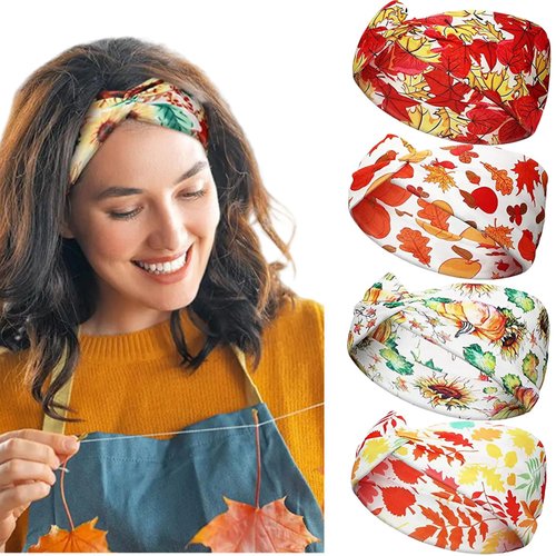 NERTNJIFOR Thanksgiving Maple Leaves Headbands for Women Knotted Headband Autumn Festive Fall Headband Soft Elastic Cloth Hair Bands Fashion Personality Hair Wrap Hair Accessories for Party(4 Pcs)