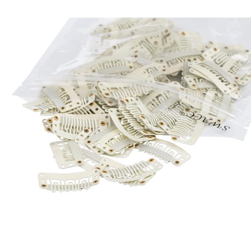 SWACC 100 Pcs U Shape Metailic Snap Clips ins for Hair Extension Hairpiece DIY Snap-Comb Wig Clips with Rubber (White Beige, General U Shape 6 Holes)