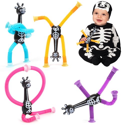 Halloween Party Favors for Kids 4 Pack Telescopic Suction Cup Giraffe Toy Sensory Tubes Classroom Prizes/Non Candy Halloween Treats Goodie Bag Fillers Gifts