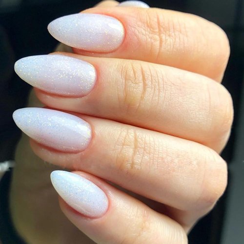 GLAMERMAID Nude White Press On Nails Short Almond, Translucence Milk White Gel Nails Short Oval Fake Nails, Natural Pure Medium Stiletto Stick Glue on Nails for Women, Glossy Gel Round Oval False Nail