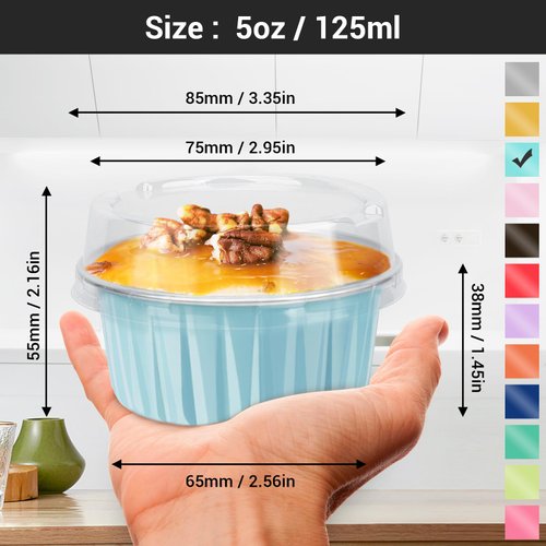 EUSOAR Cake Baking Cups, 100pcs 5oz 125ml Muffin Liners Cups with Lids, Disposable Foil Ramekins, Aluminum Cupcake liners, Aluminum Foil Cupcake Baking Cups, Aluminum Foil Pudding Cups Holders Pans