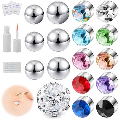 ZS 17Pcs Fake Belly Button Rings 8mm 10mm CZ with Eyelash Glue, Fake Eyebrow Rings Nose Lip Labret Studs Replacement Ball, Non-Piercing Body Jewelry Fake Skin Piercing (B)