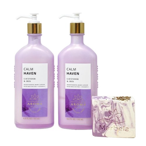 Bath & Body Works Aroma Calm Haven LAVENDER & IRIS 2 Pack Moisturizing Body Lotion Set with a Lavender Dream Bar Soap - Full Size