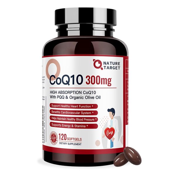 NATURE TARGET CoQ10-300mg-Softgels + PQQ with Organic-Olive-Oil - High Absorption-Coenzyme-Q10 - Antioxidant-for-Heart-Health and Immune Support, Energy Production, 120 Servings