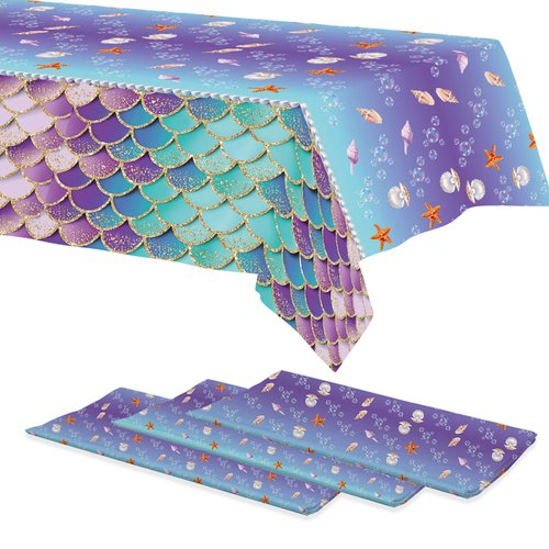 Mocsicka 3Pcs Mermaid Tablecloth Mermaid Birthday Party Supplies Under The Sea Disposable Plastic Table Cover for Princess Birthday Baby Shower Themed Party Decoration 108x54 Inch