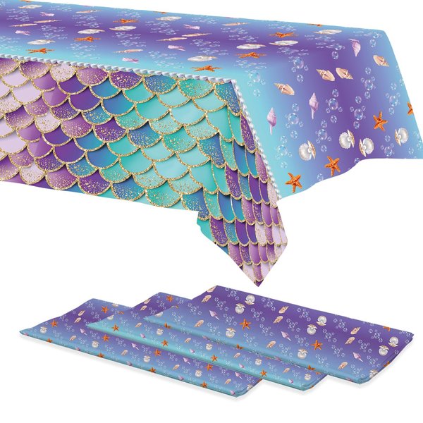Mocsicka 3Pcs Mermaid Tablecloth Mermaid Birthday Party Supplies Under The Sea Disposable Plastic Table Cover for Princess Birthday Baby Shower Themed Party Decoration 108x54 Inch