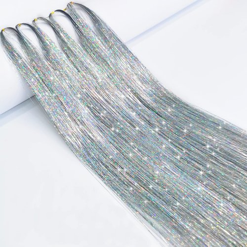 Silver Hair Tinsel 47 Inches 1000 Strands Glitter Tinsel Hair Extensions for Women and Girls, Sparkling Shinny Fairy Hair Accessories for Christmas New Year Halloween Cosplay Party