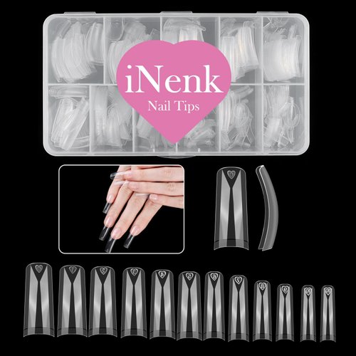 INENK Clear Square C Curved Nail Tips, 550PCS Long Square Half Cover Fake Nail Tips for Acrylic Nails Professional Dip Powder Nail Salons(11 SIZE)