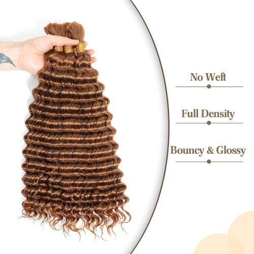 Fabimiya Deep Curly Braiding Human Hair 100g 18 Inch Color 30 Auburn Brown Deep Water Wave Bulk Human Hair for Braiding No Weft Brazilian Virgin Deep Curly Human Hair Extensions for Boho Braids