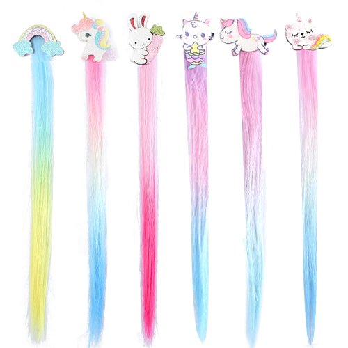6 Set Hair Extensions Clip - Carton Straight Curly Hair Extensions Clips, Cute Unicorn Accessories Hair Extensions for Kids Ponytails Girls, Rainbow Thick Wig Clip in Fake Bangs (Curly Hair 02)