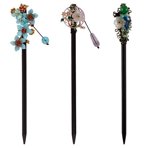 Framendino, 3 Pack Flower Hair Sticks Long Hair Chopsticks Chinese Wood Tassel Hair Stick Vintage Wooden Hairpin for Buns