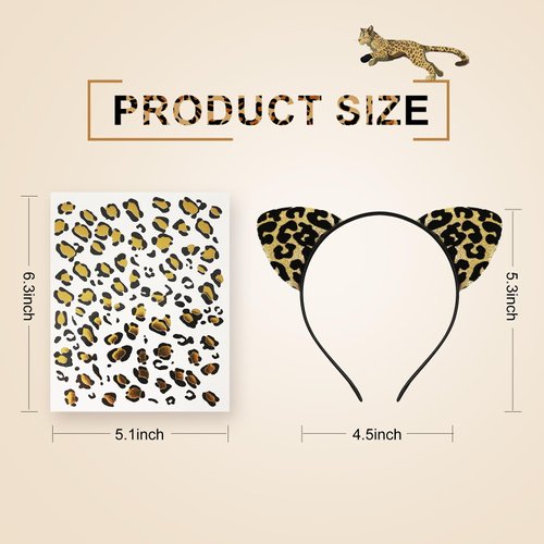 Cheetah Ears Headband with Gold Temporary Tattoos Leopard Costume Accessories Halloween Cat Cosplay Party Supplies