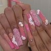 QQPPOLIU Fake Figernails Extra Long Nails French Tip Pink Press on Nails Long Square with Flower and Rhinestones and Glitter Designs Artificial Nails Coffin Nails for Girls 24pcs