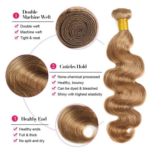 Wahairse Human Hair Bundles 12 14 16 Inch Body Wave Bundles 27# Color Human Hair Unprocessed Brazilian Virgin Human Hair 3 Bundles Quick Weave Human Hair Extensions(27# Body Wave, 12 14 16)