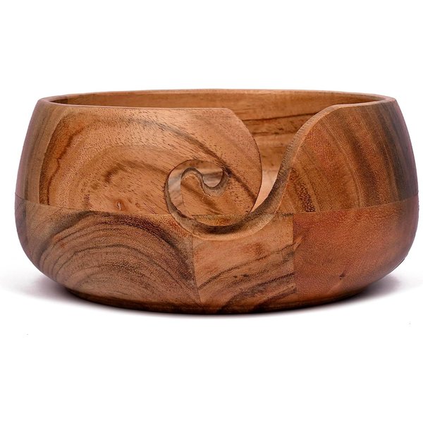 Samhita Acacia Wood Wooden Yarn Bowl for Crocheting & Knitting Hand Made by Indian Artisans Birthday Gifts for Mom & Knitting Lovers (6" x 6" x 3")