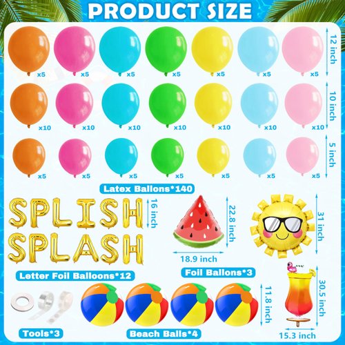 Tropical Hawaiian Luau Splish Splash Balloon Garland Arch Kit 160Pcs, Summer Pool Beach Party Decoration with Beach Ball Foil Balloon for Kids Aloha Pool Birthday Party Supplies (Summer-01)