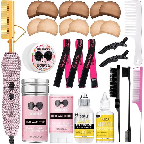 Electric Hot Comb Hair Straightener Set, Diamond Hot Comb Electric for Wigs Adjustable Temperature Hair Straightener Brush for Women Heat Pressing Combs for Natural Black Hair Heat Pressing Comb(Gold)