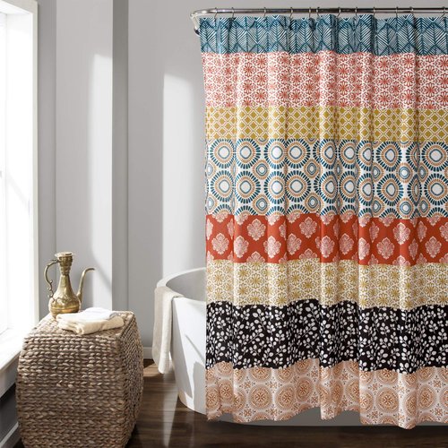 Lush Decor Bohemian Stripe Shower Curtain, 72" W x 72" L, Turquoise & Orange - Enchanting and Bold Colorful Design Perfect for Boho Bathroom Decor