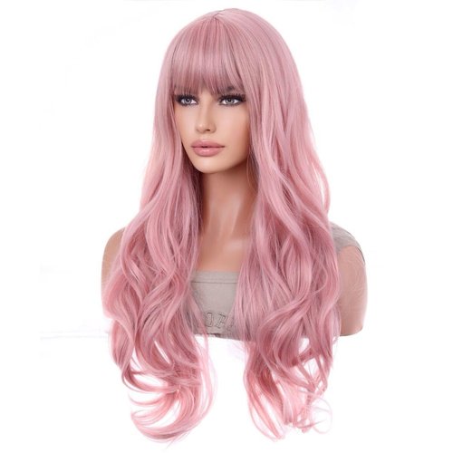 BERON 26 Inches Pink Wig Long Wavy Wig with Bangs Synthetic Wig Long Wig Pink Wigs for Daily Party with Wig Cap