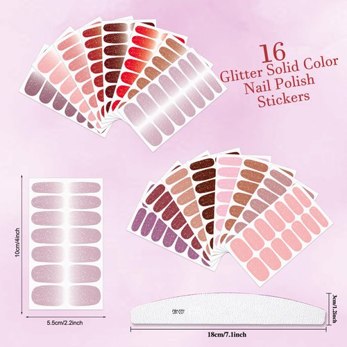 XEAOHESY 16 Sheets 224 Pieces Gradient Solid Color Nail Polish Stickers, Self-Adhesive Glitter Gel Nail Strips, 4 x 2.2inch, Stylish Style