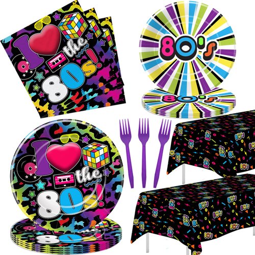 HIPVVILD 80's Party Decorations Tableware - 80's Theme Party Supplies, 80s Decorations Dinnerware, Paper Plates, Napkins, Tablecloth, Forks, 80s Birthday Party Decorations and Supplies | Serve 24