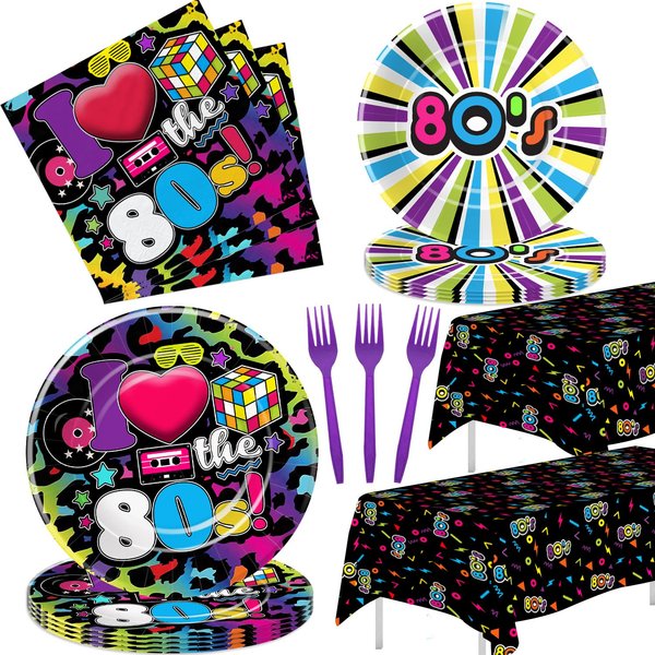 HIPVVILD 80's Party Decorations Tableware - 80's Theme Party Supplies, 80s Decorations Dinnerware, Paper Plates, Napkins, Tablecloth, Forks, 80s Birthday Party Decorations and Supplies | Serve 24