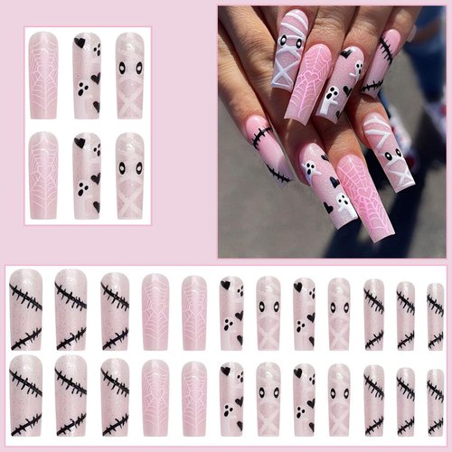 Halloween Cute Ghost Press on Nails Long Coffin Fake Nails Holiday Cute Spooky Heart Spider Web Design Full Cover Nude Pink Nails Acrylic Artificial French False Nails for DIY Manicure Decoration