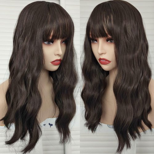 curldiva Brown Wavy Bob Wigs with Bangs 16inch Natural Brown Curly Wig Middle Part Simulated Scalp Heat Resistant Synthetic Hair for Daily Wearing