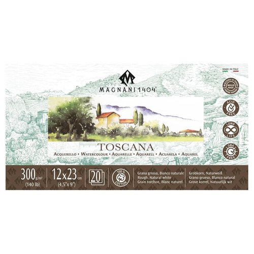 Magnani 1404 Toscana Rough 100% Cotton Watercolor Paper Pad, 20 Sheets, 4.5x9", 140 lb, Acid-Free, UV Resistant, Deckled Edges, Vegan Sized Water Color Paper for Artists, Made in Italy