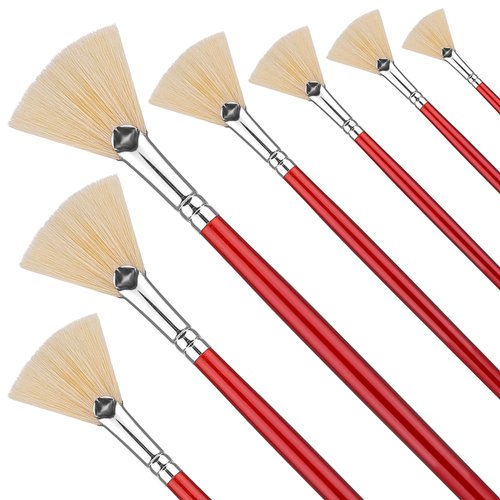 Prasacco 7 Pieces Fan Brush for Painting, Artist Fan Paint Brush Set with Hog Bristle Long Handle Painting Brush Oil Acrylic Paint Brushes Art Paintbrush for Acrylic Painting Oil Watercolor Painting