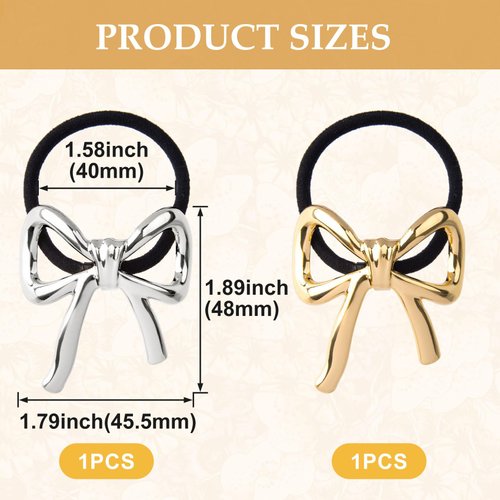 HINZIC 2Pcs Bow Hair Ties Gold Silver Bowknot Hair Scrunchies Elastics Metal Ponytail Holder Christmas Valentines Hair Accessories for Women Teen Long Thick Thin Curly Hair