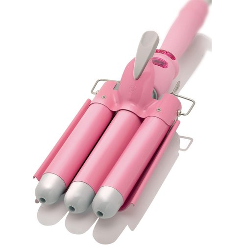 Alure Three Barrel Hair Waver/Crimper with LCD Temperature Display - 1 Inch Ceramic Tourmaline Triple Barrels, Dual Voltage Crimp Iron (Pink/White)