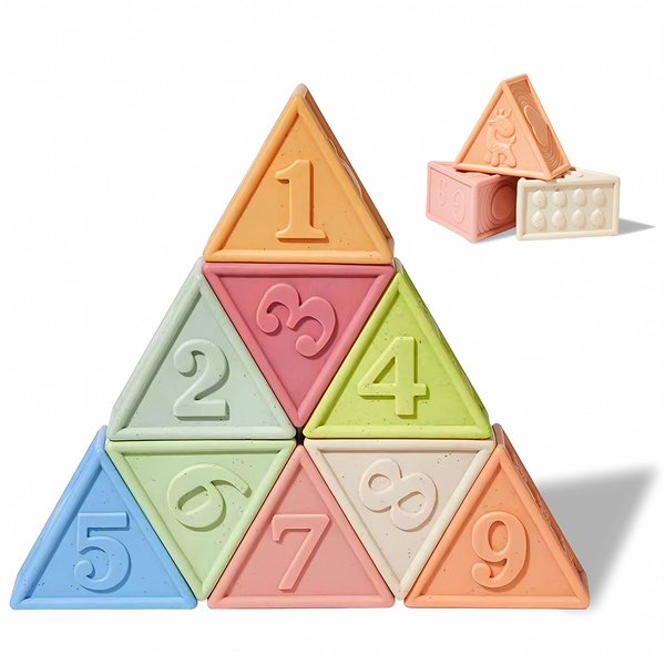 BUTI4WLD Montessori Sensory Toys for 1 Year Old Soft Baby Stacking Blocks, 9 PCS Baby Newborn Essentials Teething Toddler Toys Ages 2-4, Baby Learning Toys for Boy Girl Gifts