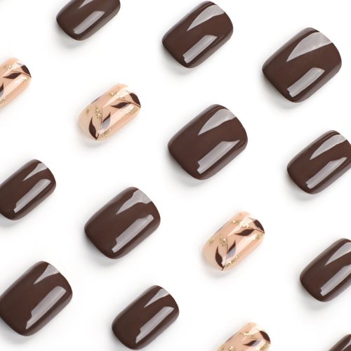 Fall Press on Nails Short Square Fake Nails Thanksgiving False Nails with Brown Gold Glitter Designs Brown Glue on Nails Autumn Stick on Nails Cute Acrylic Nails Full Cover Glossy Nude Artificial Nail