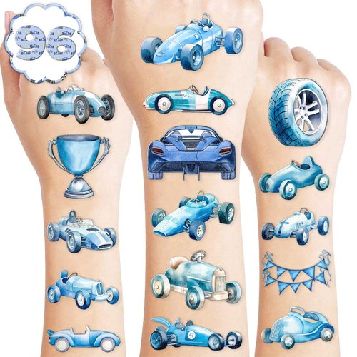 105 PCS Blue Race Car Temporary Tattoos Birthday Party Decorations Favors Supplies Watercolor Racing Car Themed Blue Checkered Flags Wheel Stickers Gifts For Girls Boys Classroom School Prizes Reward